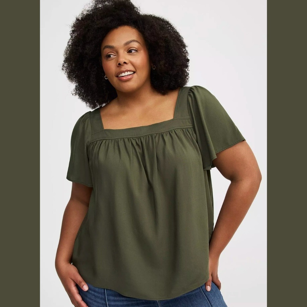 NEW Torrid Womens Size 6 Top Challis Square Neck Flutter Sleeve Blouse Olive 6X
